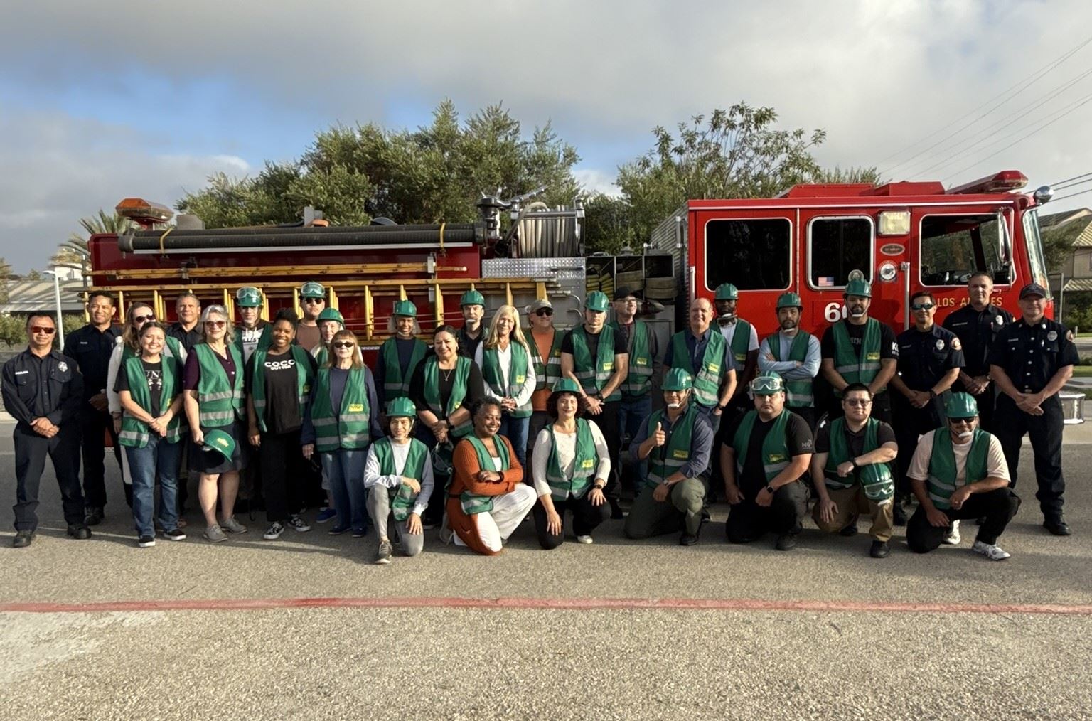 Photo of Fall 2025 Signal Hill CERT Cadre with instructors posing in front of Station 60 fire truck